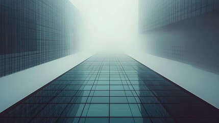 Low-angle view of tall buildings disappearing into a foggy sky.
