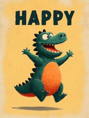 Joyful Dinosaur Leaps with Open Arms, A Retro-Styled Illustration of Happiness and Playfulness