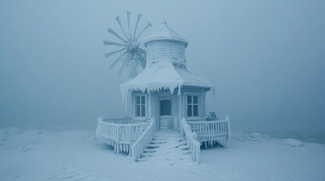 a windmill covered in snow standing