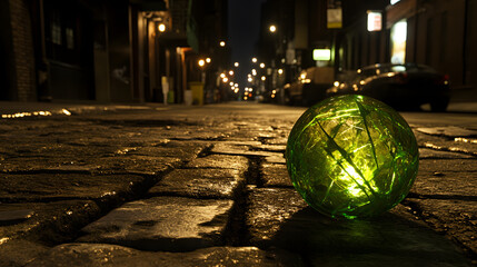 Mysterious Orb in Urban Alleyway: Illuminated sphere rests on a historic cobblestone street. A dramatic cityscape framed by soft lighting captures intrigue.
