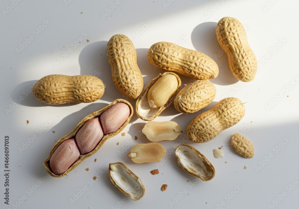 Aufkleber peanuts in shells and shelled, scattered on a white surface with natural light creating soft shadows