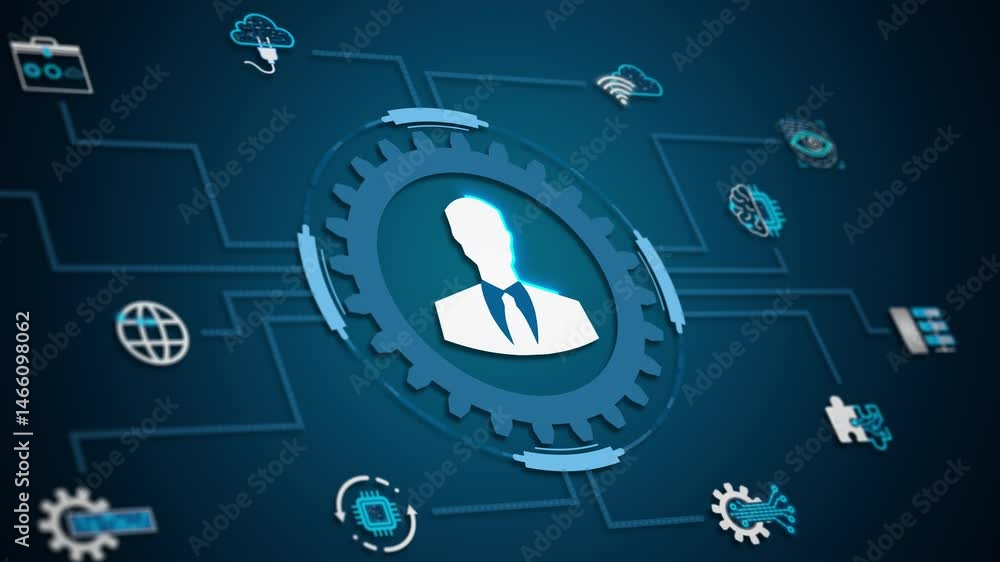 Poster human figure integrated into digital gear system representing technology-driven connectivity. loopin