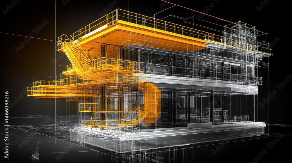 Poster architectural blueprint rendering with illuminated lines showcasing building design and structural e