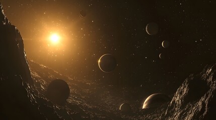 Solar System from Distant Star: The solar system as seen from a distant star, with the planets appearing as tiny orbs orbiting a bright sun.
