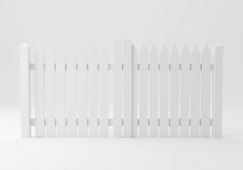 A pristine white picket fence stands against a bright white background in a simple, clean composition
