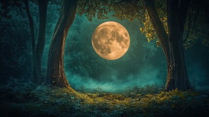 Fototapeta premium Majestic full moon illuminating a serene forest clearing at night, surrounded by towering trees and mystical fog