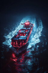 large container ship is sailing on sea at night, illuminated by vibrant red and blue lights, creating striking visual against dark waters. scene evokes sense of adventure and exploration