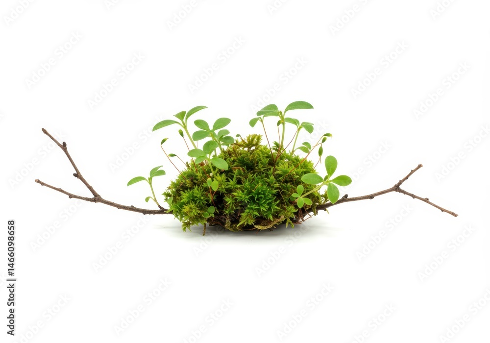 Aufkleber close-up of a moss clump with small green plants sprouting and a twig extending horizontally across 