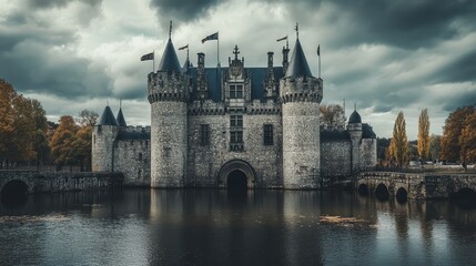 Fototapeta premium Historic castle stands majestically by serene water under dramatic cloudy sky in autumn