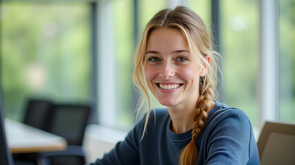 a smiling man sitting at a desk in a bright office with large windows and greenery outside
