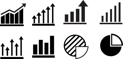 Growing bar icon set. Business graphs and charts icons. Statistics and analytics vector icon. Statistic and data, charts diagrams, money, down or up arrow