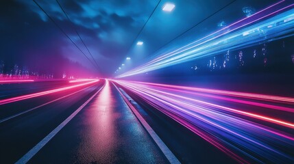 Futuristic yacht cruising at high speed along a dark coastline during twilight, showcasing neon illumination and sleek design