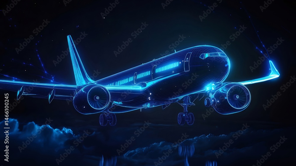 Aufkleber 青色デジタル航空機が暗い空を飛行する未来的な技術のイメージ