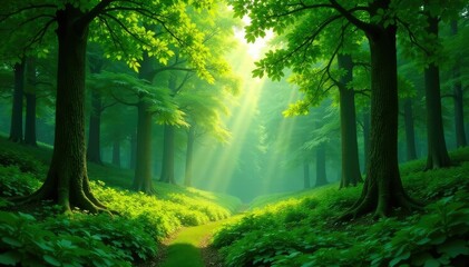 Obraz premium Serene forest background, lush green trees, dappled sunlight Ideal for nature themes , backdrop, shadow