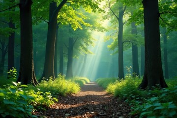 Obraz premium Serene forest background image, perfect for nature-themed projects , environment, depth, sunlight dappled