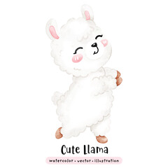 Cute Llama kawaii alpaca in watercolor style vector illustration