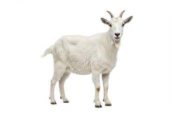 Obraz premium Full body portrait of a white goat standing against a bright white background in a studio setting