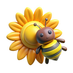 bee and sunflower 3d icon in plastic style minimal isolated on transparent white background, clipping path