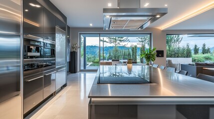 Modern kitchen design with large windows overlooking a serene garden retreat in a contemporary home