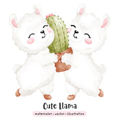 Cute Llama kawaii alpaca in watercolor style vector illustration