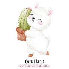 Cute Llama kawaii alpaca in watercolor style vector illustration