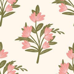 Seamless watercolour and unique floral pattern background for covers, notes, Soft backgrounds colour. Watercolour art work. Flower stalk. Pink flower.