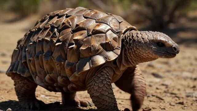 A tortoise with a rough, textured shell walks across light brown, sandy ground