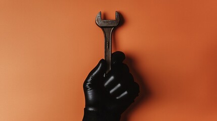 A hand in a black glove holds a rusty wrench against an orange backdrop