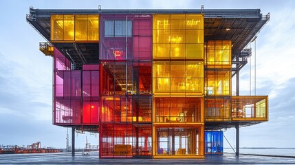 Colorful Shipping Container Architecture Modern Design Unique Building Conceptual Art Vivid Palette Creative Construction Distinctive Landmark