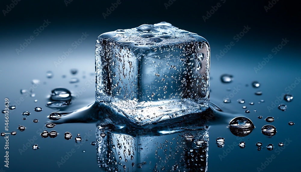 Poster clear ice cube with water droplets on reflective surface with blue gradient backdrop
