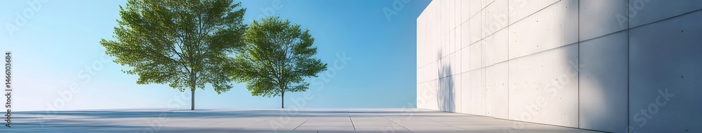 Poster ミニマリスト建築の背景に緑の木とコンクリートの壁の影が静かに映る外観デザイン