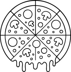 Mushroom Pizza Outline Coloring Book Page, Simple Gravy Fast Food Line Art for Kids and Adult isolated design.