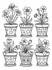 Beautiful Hand-Painted Colorful Terra Cotta Flower Line Art.eps
