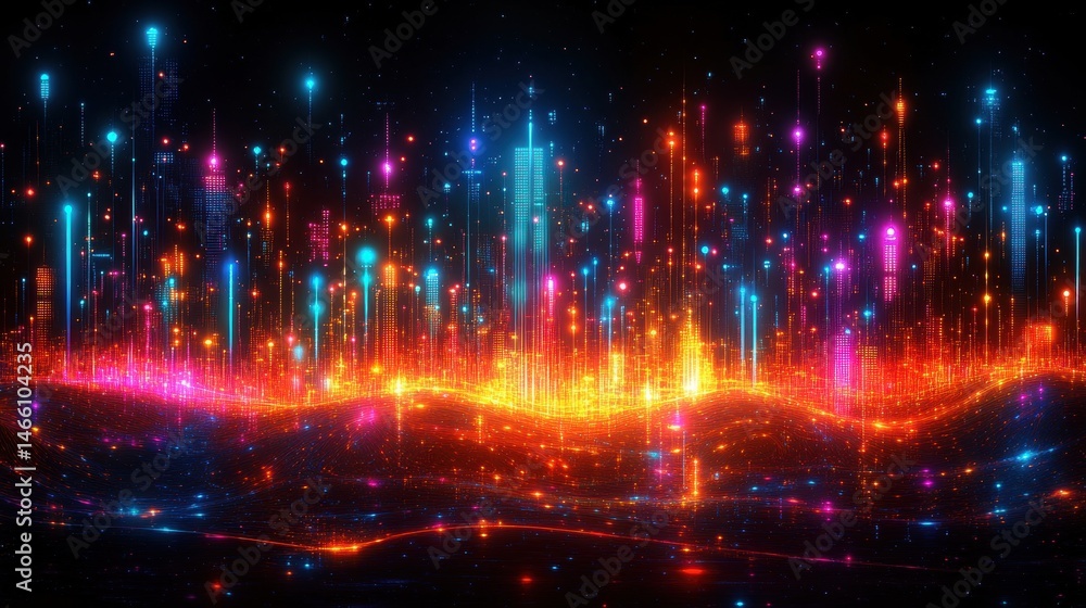 Poster vibrant cityscape light display with an energetic glow creating a captivating futuristic and abstrac