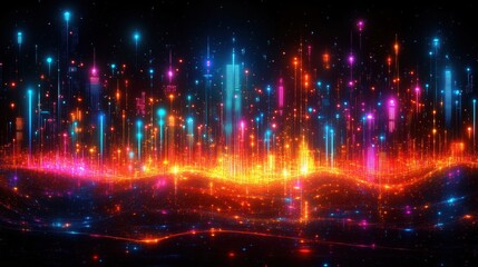Vibrant cityscape light display with an energetic glow creating a captivating futuristic and abstract colorful urban illusion