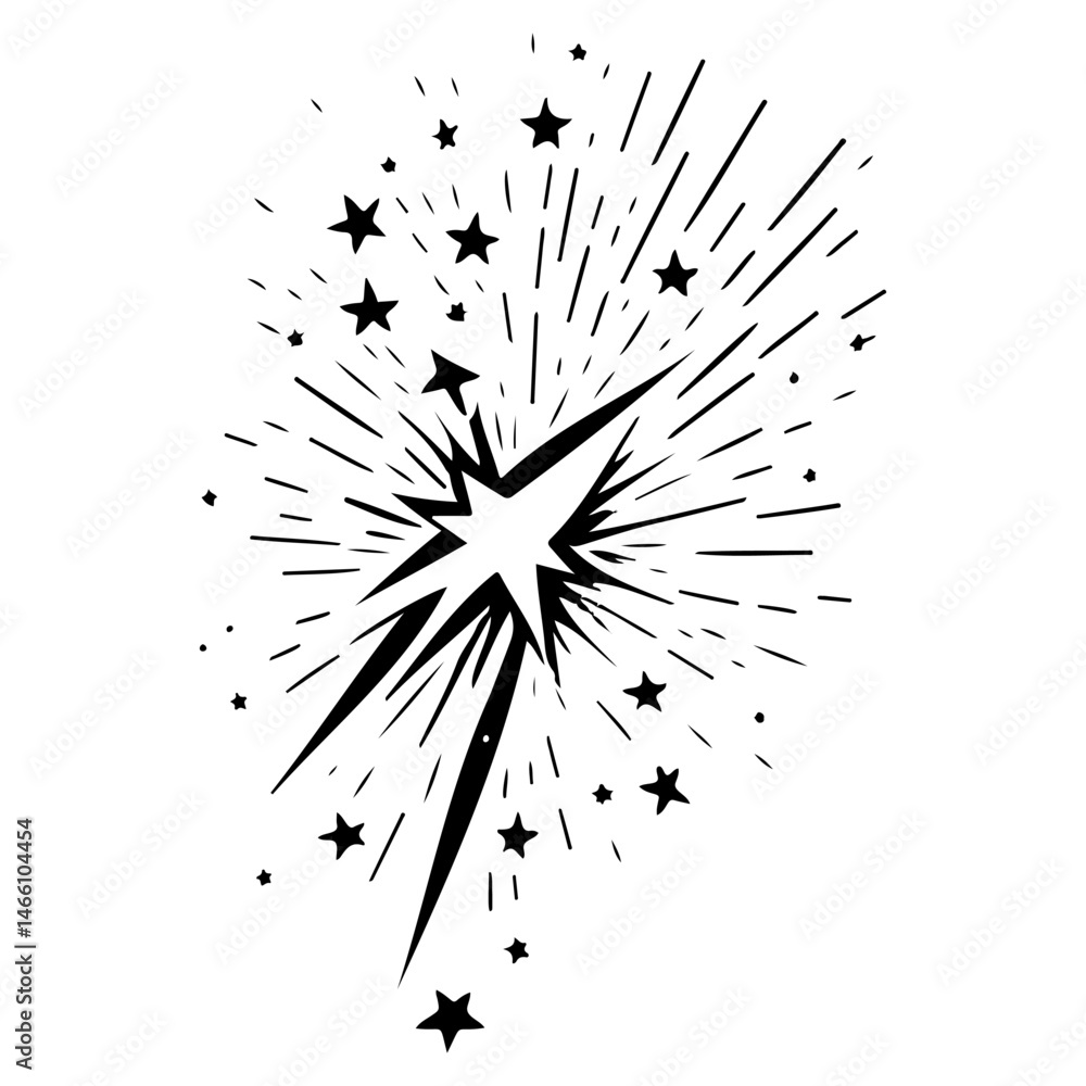 Poster energetic starburst design featuring pointed stars and linear radiating elements