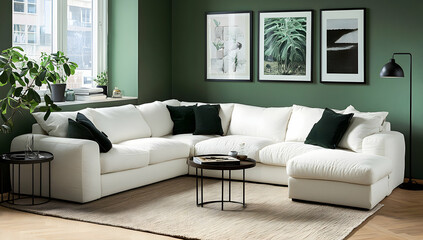 White sectional sofa in green room
