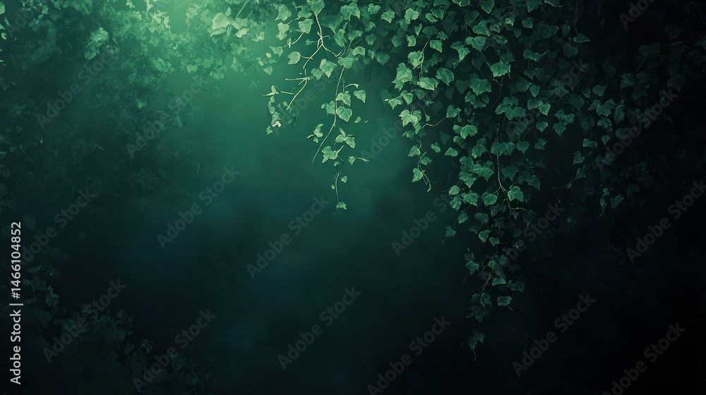 Poster mysterious forest scene with hanging leaves. soft light filters through lush foliage. deep teal and 