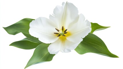 Fototapeta premium Beauty of a Blooming Tulip with Lush Green Leaves Isolated on White Background, Cutout for Elegant and Nature-Inspired Design Projects
