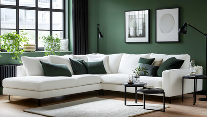 Modern white sectional sofa in green room