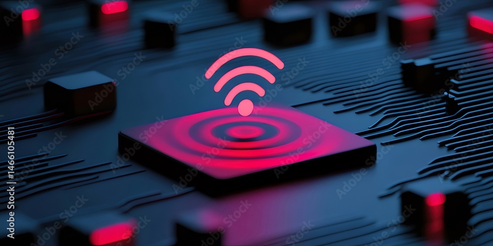 Aufkleber 暗い背景に赤い無線 lan 記号が光るテクノロジーをテーマにした抽象的な画像