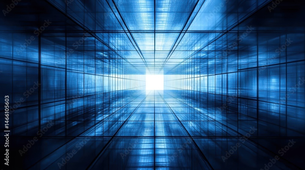 Poster futuristic illuminated corridor with abstract blue tones and endless space for innovation and explor