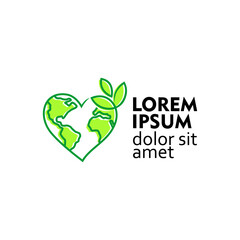 Love world logo. Green earth planet concept, world ecology, nature global protect, logo eco environment, globe with leafs, thin line simple web symbol on white background