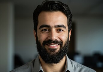 Fototapeta premium Close-up portrait of a smiling man with a beard wearing a gray shirt indoors