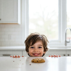 A mischievous kid peeking over the kitchen counter with cookie crumbs on their face, caught red-handed. Highlight their guilty-but-proud expression with soft window light.