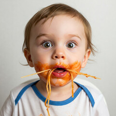 A toddler with wide, shocked eyes and spaghetti strands dangling from their mouth, sauce smeared across their cheeks. Captured in crisp detail with soft natural lighting against a plain white kitchen 