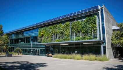 Obraz premium Modern building with green walls and solar panels. Exterior shot of a large, contemporary structure featuring extensive green walls of vegetation, solar panels on the roof, and large glass windows.
