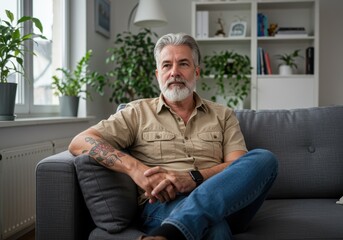 Fototapeta premium Mature man with gray hair and beard relaxes on a gray couch in a bright living room with plants and a bookshelf