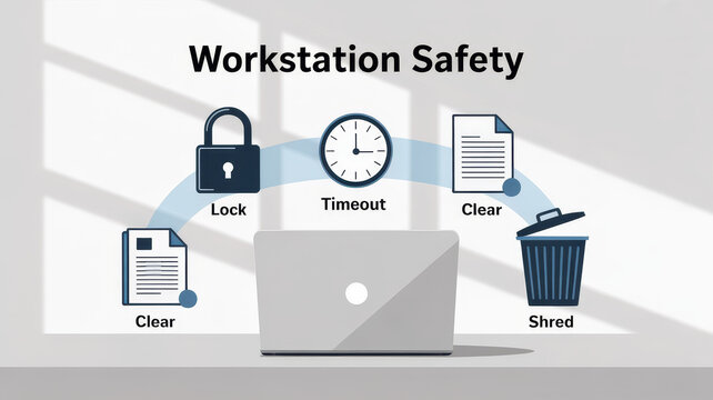 Workstation Safety Concept infographics: A concept of workstation safety emphasizing data protection, time management and privacy, featuring a locked padlock, a clock, document and a trash can.