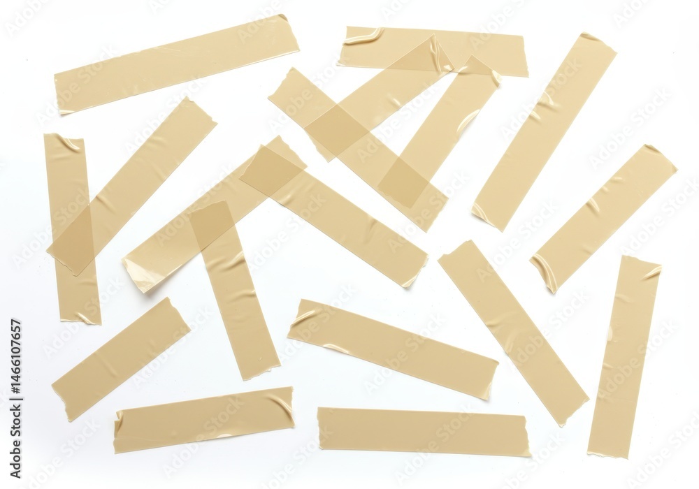 Poster scattered strips of tan masking tape are arranged on a white surface, some overlapping, creating a t
